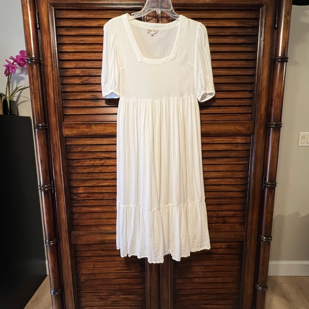 Anthropologie CELINA MOON‎ White Flowy Tiered Cottagecore Midi Dress. Size Small